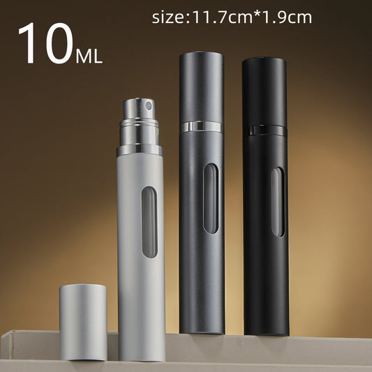 10 mL refillable bottom-fill perfume atomizers in silver, gray and black with 11.7 cm compact travel design